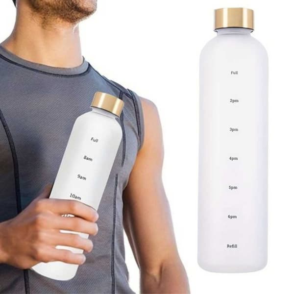 Minimalistisk motiverende vannflaske med tidsmarkør 1000 ml hvit