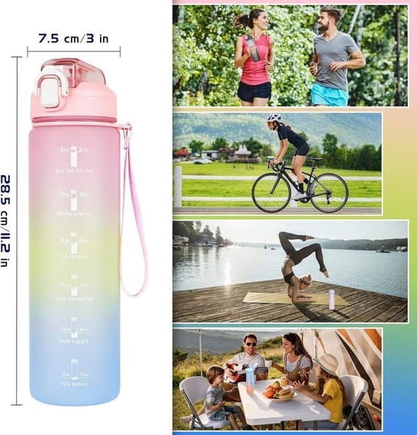 1L sportflaska med sugrör, motiverande vattenflaska med tidsmarkör, för sport, gym, löpning, rosa gradient