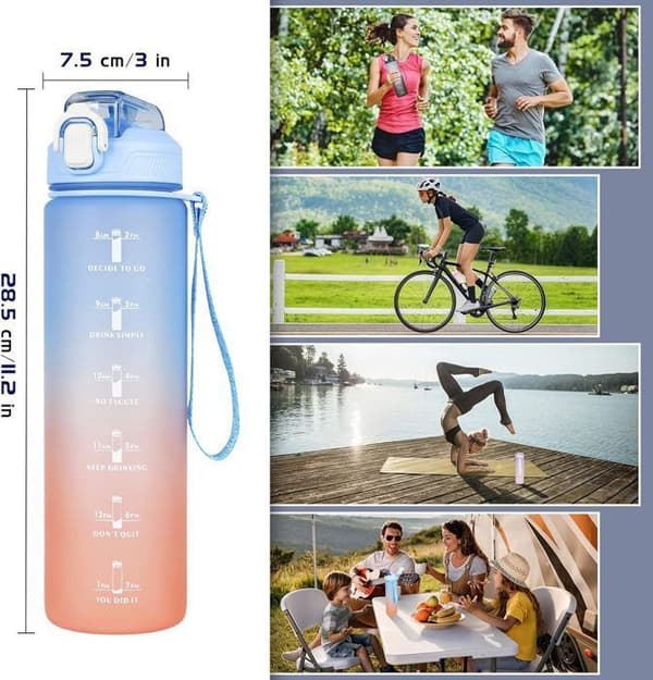 1L sportflaska med sugrör, motiverande vattenflaska med tidsmarkör, för sport, gym, löpning, blå gradient
