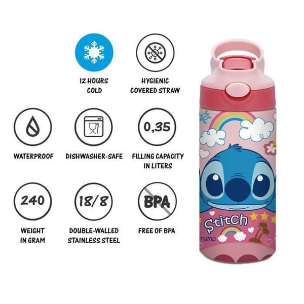 Stygnisolerad vattenflaska 350 ml, läckagesäker, lätt att öppna, säkert lås, diskmaskinsäker, rostfritt stål, rosa