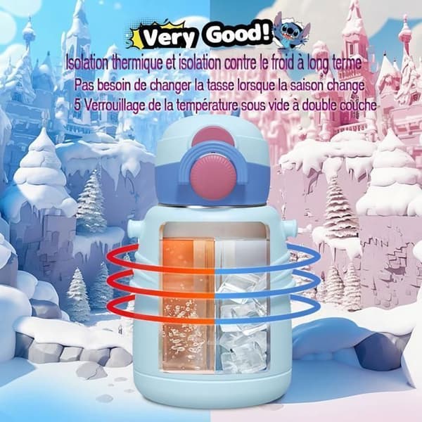 STITCH isolerad flaska för barn 600 ml, BPA-fri läcksäker isolerad flaska, återanvändbar läcksäker vattenflaska för skolan