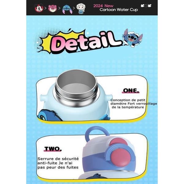 STITCH isolerad flaska för barn 600 ml, BPA-fri läcksäker isolerad flaska, återanvändbar läcksäker vattenflaska för skolan