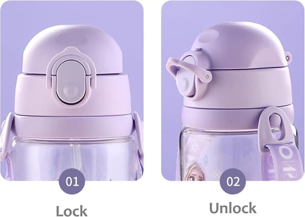 MINISO Frrozen barnvattenflaska med sugrör, Frrozen flip-top-vattenflaska, återanvändbar vattenflaska, läckfri, automatisk tryckknapp,  520 ml.