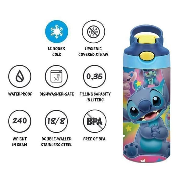 Gourde Isothermisk Stitch Vattenflaska Isothermisk 350 ml Återanvändbar utan BPA i Rostfritt Stål Vattentät Kork Varm Kall, Blå