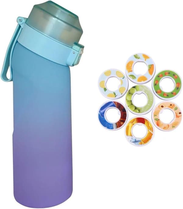 Luftvattenflaska, 650 ml sportluftvattenflaska dricksflaskor Vattenkopp Smakkapslar Doftande 0 Socker med sugrör (Gradient Blue+7 Random Pod)