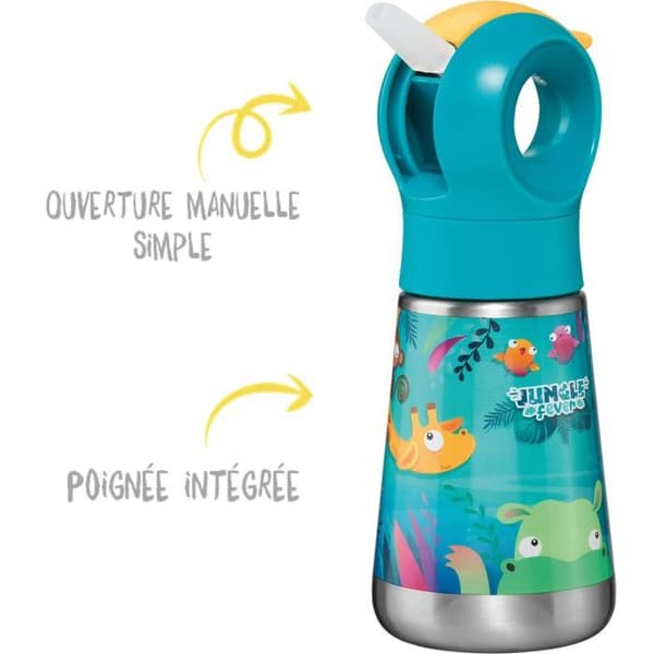 Gourde Barnbarn Inox 350ml Dschungelfeber - Maped Picnik - Lätt att öppna och rengöra - Vattentät och hållbar - Grön
