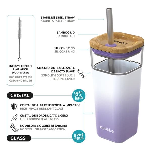 Quokka Liquid Cube - Glass Straw Tumbler with Silicone Cover 540 ml (Lilac Gradient)