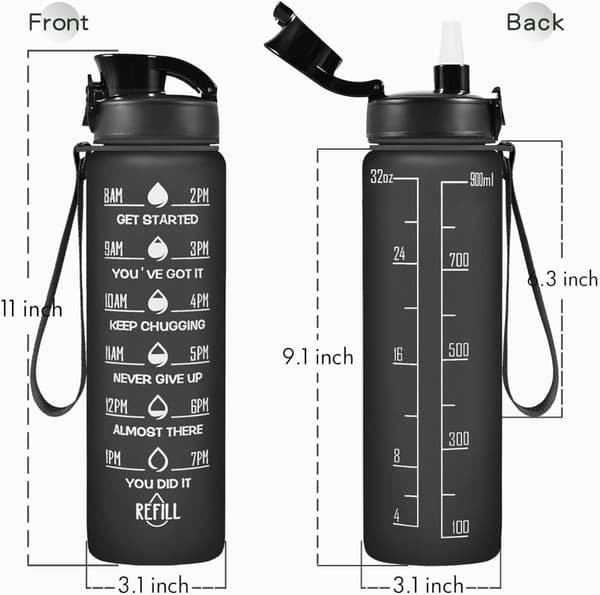 1L Motiverande Vattenflaska med Sugrör och Tidsmarkering – BPA-fri, Läckagesäker, PC-material