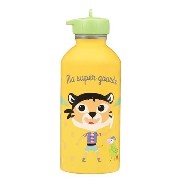 Barnvattenflaska Rostfritt stål - Lätt att rengöra - Återanvändbar vattenflaska - Kapacitet 300ml - 17 cm x 6,5 cm - Gul - Tiger