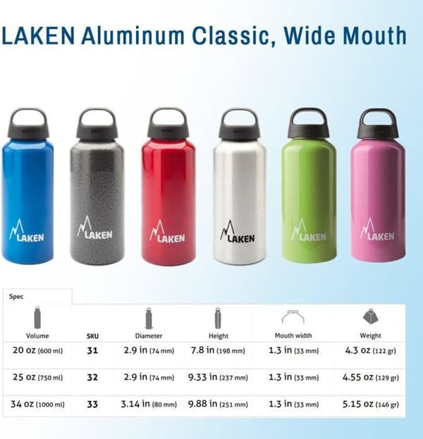 Laken - 32-G - Klassisk vattenflaska av aluminium med skruvlock och bred mun, aluminiumflaska 0,6-1 liter