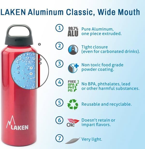 Laken - 32-G - Klassisk vattenflaska av aluminium med skruvlock och bred mun, aluminiumflaska 0,6-1 liter
