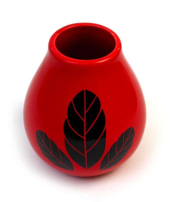 Matte grön - 14271 - Yerba maté i keramik Calebasse Hoja Rouge Becher dekorerad med blad av yerba maté 350 ml