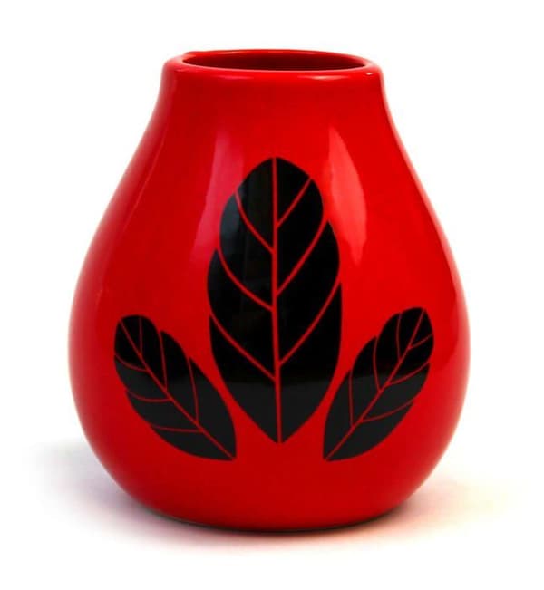 Matte grön - 14271 - Yerba maté i keramik Calebasse Hoja Rouge Becher dekorerad med blad av yerba maté 350 ml