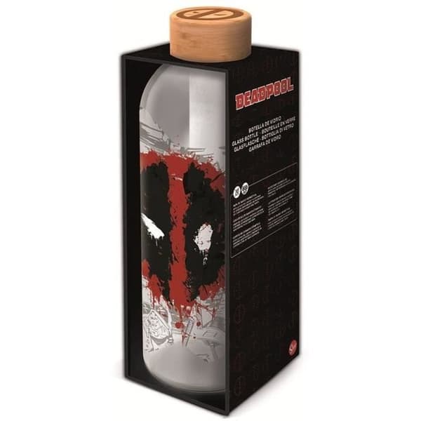 STOR - Deadpool - Bred flaska - Glas med silikonhylsa - Återanvändbar - 1030 ml