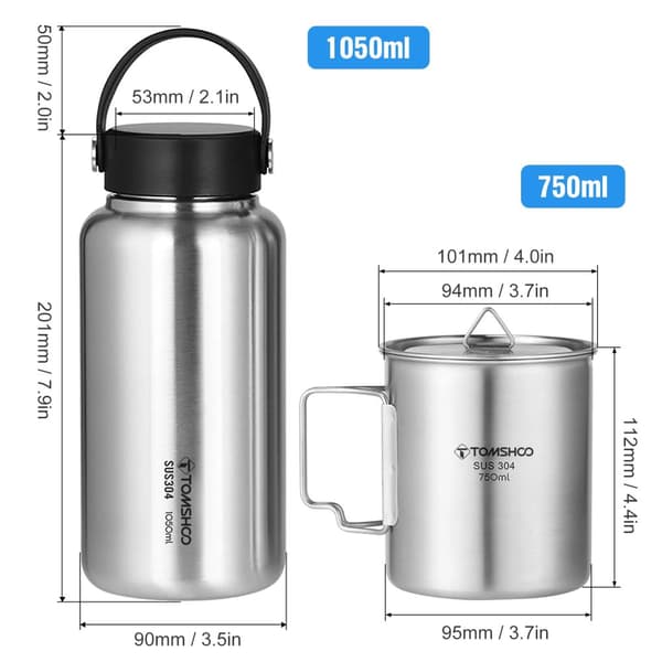 Rustfrit Stål Vandflaske, 1050ml Kapacitet, Lækagesikker, Inkluderer 750ml Krus,Som vist