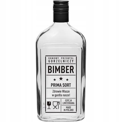 Lasipullo, jossa on merkintä Bimber Prima Sort 0,5 l