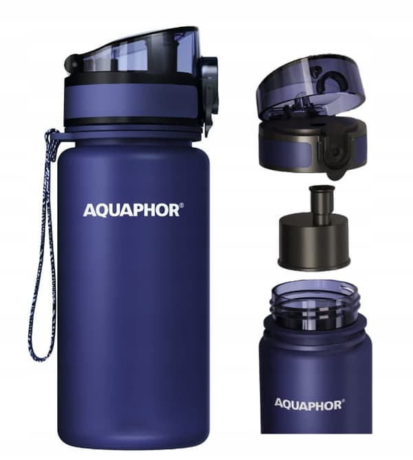 AQUAPHOR tummansininen suodatinpullo + 1 vesisuodatinpatruuna 0,35 l