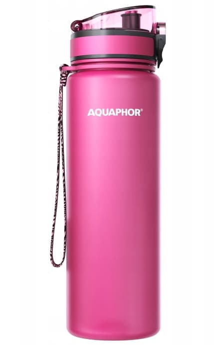AQUAPHOR 0,8 l vaaleanpunainen vesisuodatinpullo + 1 kiinteä suodatin