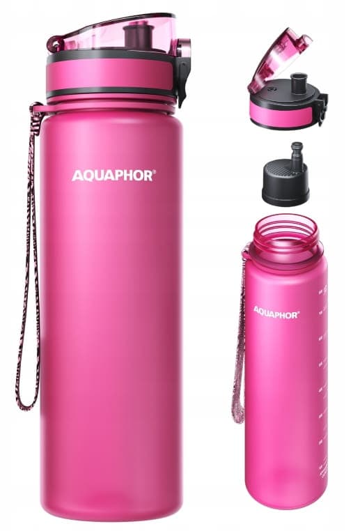 AQUAPHOR 0,8 l vaaleanpunainen vesisuodatinpullo + 1 kiinteä suodatin
