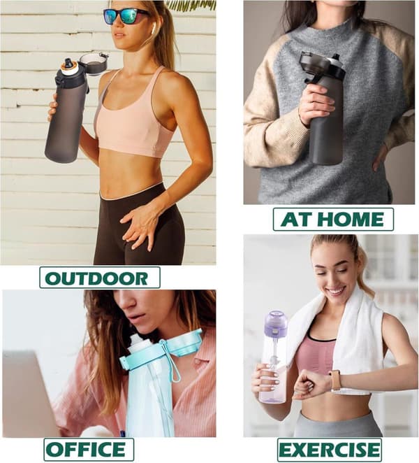 Neljä väriä (violetti/pinkki/sininen/musta) Air-Up Air -juomapullo 650 ml – 7 makukapselia | 0 sokeria ja tuoksuviolettia