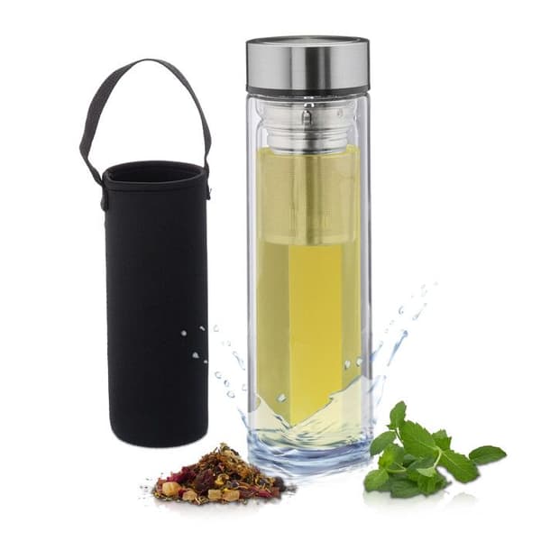 Relaxdays Te-krus med filter, 450 ml, borsilikatglasflaska, att ta med, neoprenöverdrag, transparent
