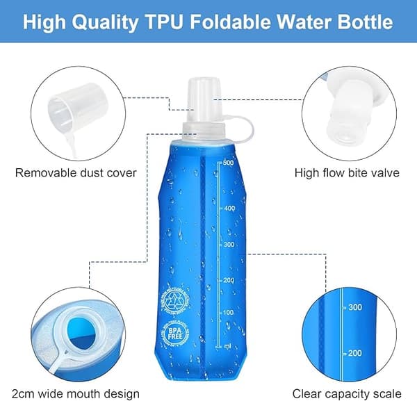 2 kpl, taitettava TPU-urheilupullo, 500 ml pehmeä vesipullo