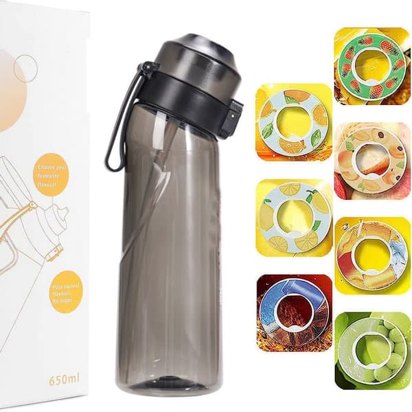 Lollanda Air-Up Luftvandsflaske 650ml – 7 Smagskapsler | Sukkerfri og smagfuld | Gennemsigtig flaske, perfekt til udendørs og fitnesscenter Sort