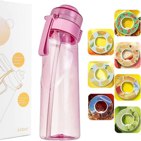 Lollanda Air-Up Luftvattenflaska 650ml – 7 Smakkapslar | Utan Socker & Smakrik | Transparent Flaska, Perfekt för Utomhus och Gym Rosa
