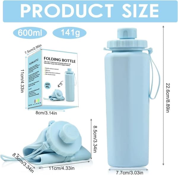 Lollanda foldbar vandflaske 600ml – BPA-fri, letvægts, flere farver til rådighed, til rejser, fitnesscenter og camping