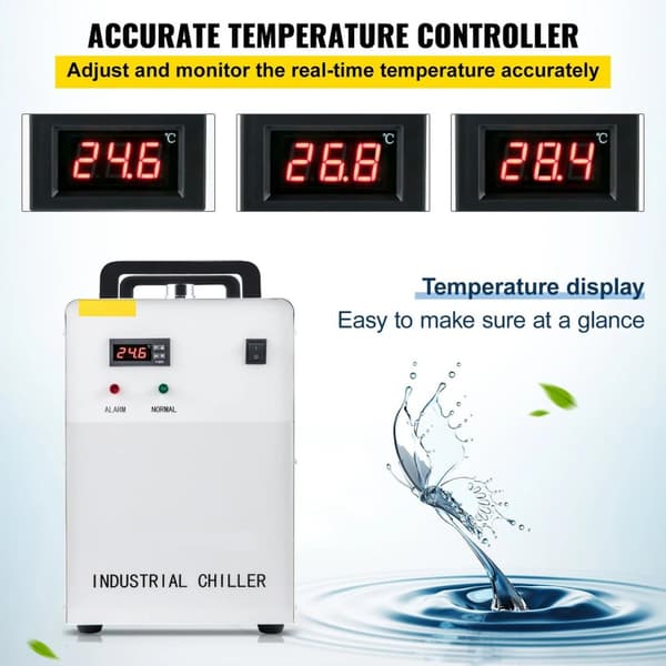 16L/min vattenkyld industrikylare med 6L kyltank, dubbla kylfläktar, precisionstermostat, flera larmfunktioner, användarvänligt handtag
