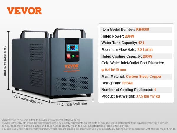 VEVOR Industriel Vandkøler, 200W Effekt, 12 L Vandtank Kapacitet,KH6000 200W