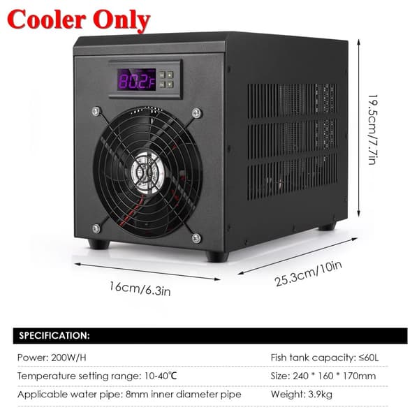 Akvarium Vandkøler, 200W Effekt, 10-40℃ Temperaturområde,Kun køler, 220V EU Stik