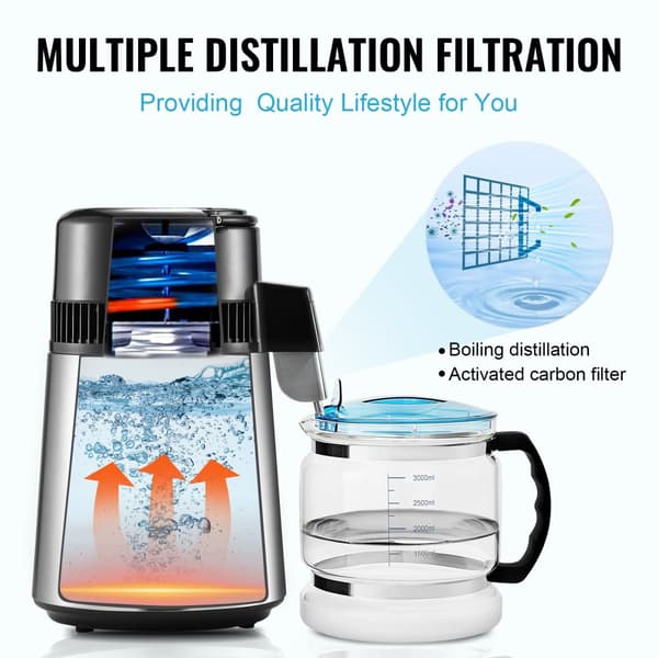 Vattendestillator, 750W effekt, 4L kapacitet, högborosilikatglasbehållare