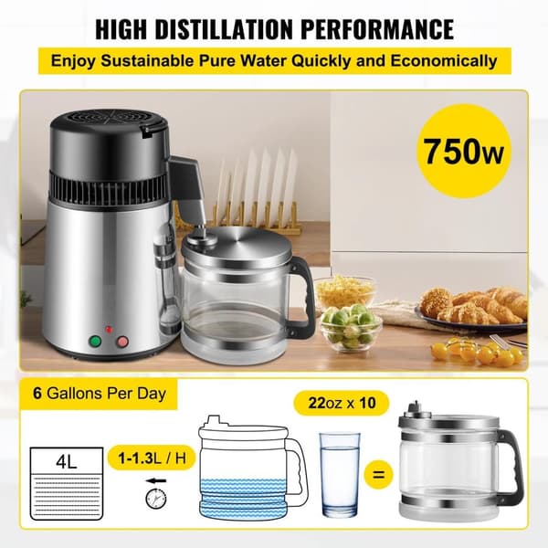750W 1 L/H effektiv vattendestillerare med 4 L behållare, snabb destillation, lätt att använda och underhålla, snabb värmeavledning, bred applikation