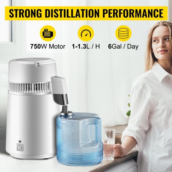 750W 1,3L/timme högeffektiv vattendestillerare med 4L behållare, lätt att använda, effektiv värmeavledning, bred applikation