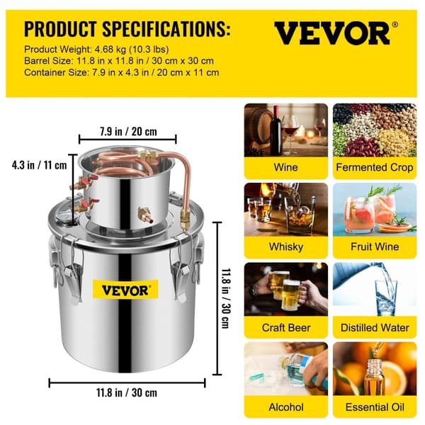Alkoholvattenrenare, 3 gallons kapacitet, livsmedelsgodkända silikonslangar,20 liter