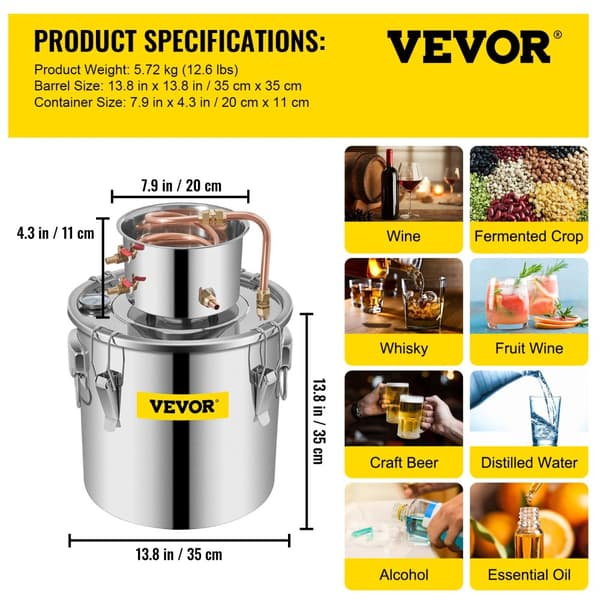 Alkohol Vanddestillator, 3 Gal Kapacitet, Fødevaregodkendte Silikoneslanger,30 liter
