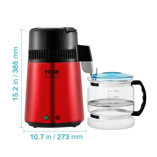 Vesidistilleri, 4L kapasiteetti, 750W teho, korkean borosilikaattilasin säiliö,punainen