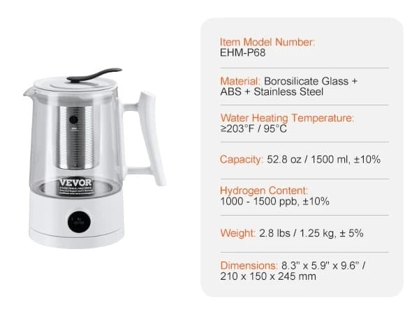 Hydrogen Vandkande Generator, 1,5L Kapacitet, Borosilikatglas, Effektiv Opvarmning,Type AType A