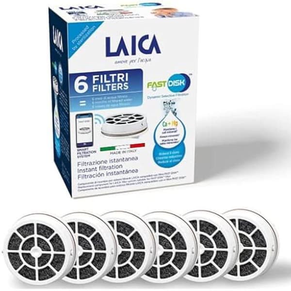 Laica Fast Disk - Set med 6 filter för flaska och filterkolv, patenterad med aktivt kol, 100% tillverkad i Italien,