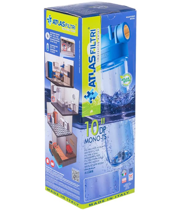 Suodatinkotelo 10" messinkiliitännällä 3/4"" + lisävarusteet