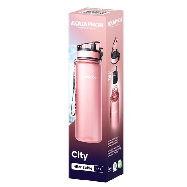 Aquaphor City -suodatinpullo 0,5L, Heleänvaaleanpunainen