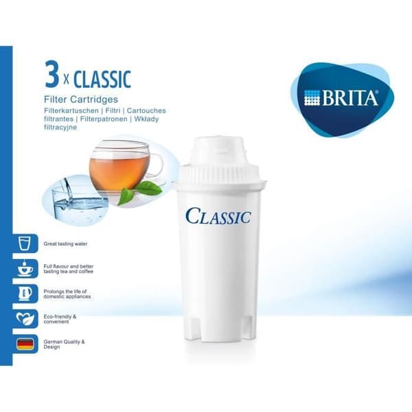 BRITA Classic -suodatinpatruunat - 3 kpl - Vähentää kalkkikertymiä, klooria ja epäpuhtauksia - Valkoinen