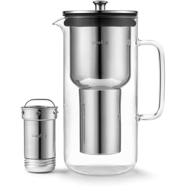 Aarke Purifier, Vattenkaraff i glas och rostfritt stål, 2,4L, Paket med 3 påsar med Pure-filterrekar.