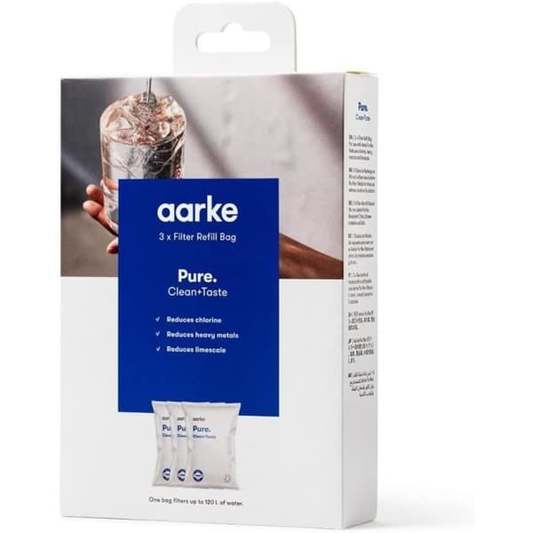 Aarke Purifier, Vattenkaraff i glas och rostfritt stål, 2,4L, Paket med 3 påsar med Pure-filterrekar.