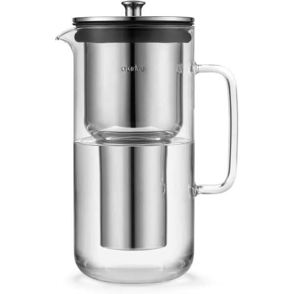 Aarke Purifier, Vattenkaraff i glas och rostfritt stål, 2,4L, Paket med 3 påsar med Pure-filterrekar.
