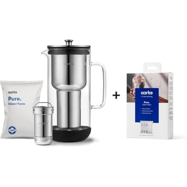 Aarke Purifier, Vattenkaraff i glas och rostfritt stål, 2,4L, Paket med 3 påsar med Pure-filterrekar.