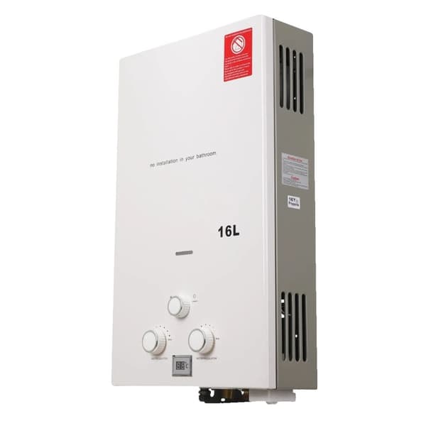 16L Tankløs Vandvarmer, 32KW Effekt, LPG Propan Gas, lys grå, 16L white