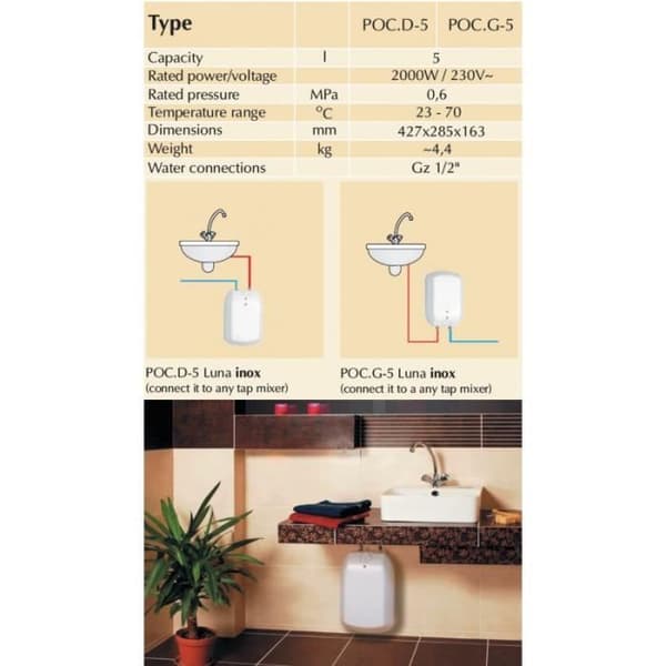 Varmvattenberedare - El - 5L - Installation ovanför diskbänk - Snabb uppvärmningstid - 2kW