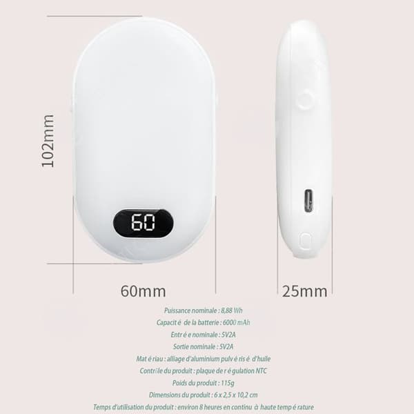 INN Handvärmare 6000mah Uppladdningsbar 2 i 1 Smart Digital Display Dubbelsidig uppvärmning 8 timmars batteritid